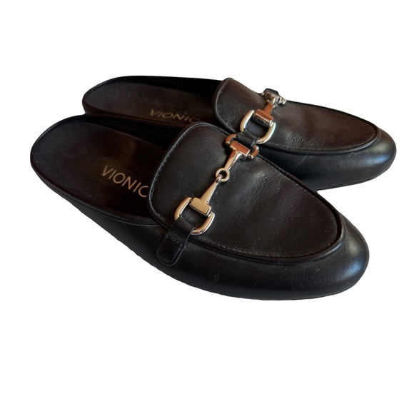 Women's Vionic Adeline Leather Slides Mules, Black, Silver Hardware, Size 6 - Picture 1 of 9